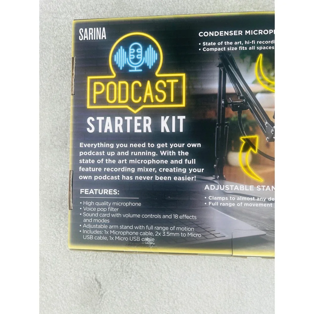 Sarina Podcast Starter Kit Black Gold Condenser Mic V8‎ Mixer Stand NEW